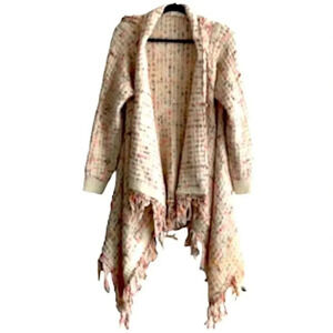 Ruby Jayne fringed draped cardigan, cream w/ tan coral accents. Oversized fit
